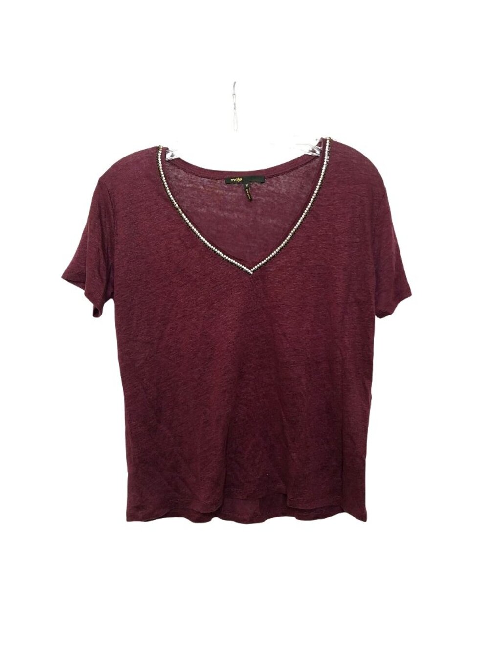 Maje Burgundy Short-Sleeve V-Neck Tee W Rhinestone Accent Size XS Lightweight